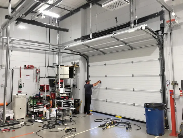 Lakewood Garage Door Repair certified technician performing commercial door repair at a Lakewood business facility