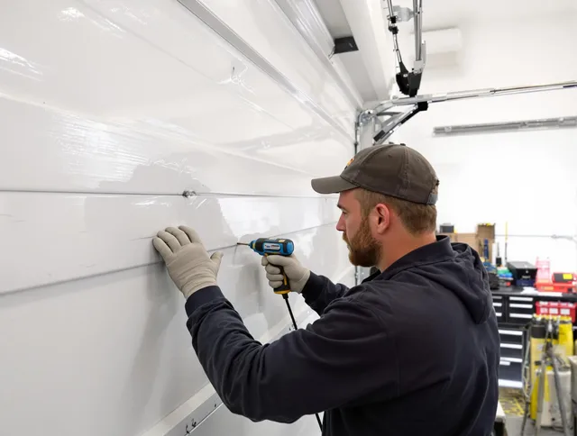 Lakewood Garage Door Repair technician demonstrating precision dent removal techniques on a Lakewood garage door